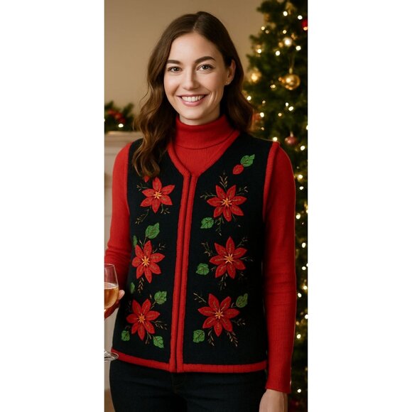Vintage White Stag Holiday Sweater Vest Ladies XL Poinsettia Embroidery Festive - Picture 1 of 7